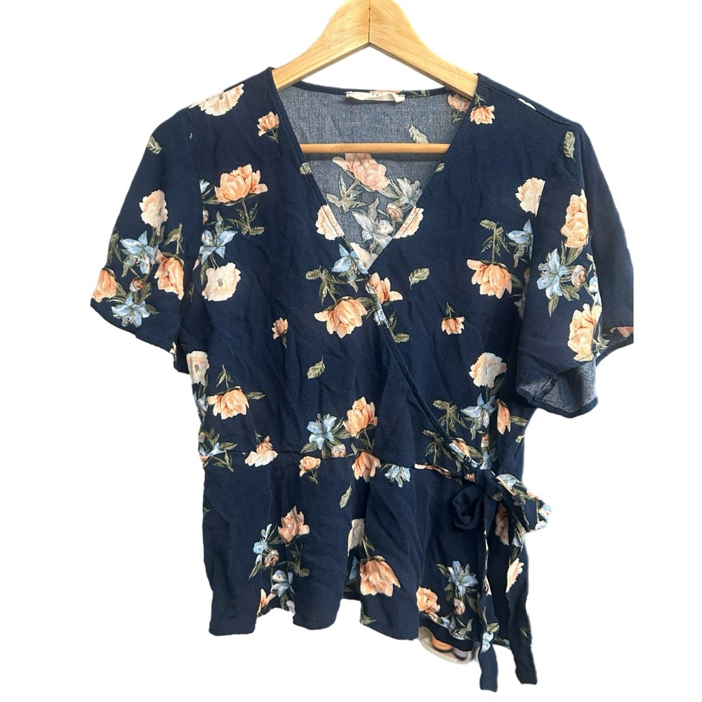 Elodie | Navy Floral Peplum Wrap Top Tie-Waist Flutter Sleeves